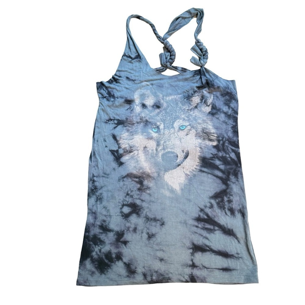 Torn by Ronny Kobo Blue Tie Dye Wolf Graphic Tank Braided Strap Small Oversized